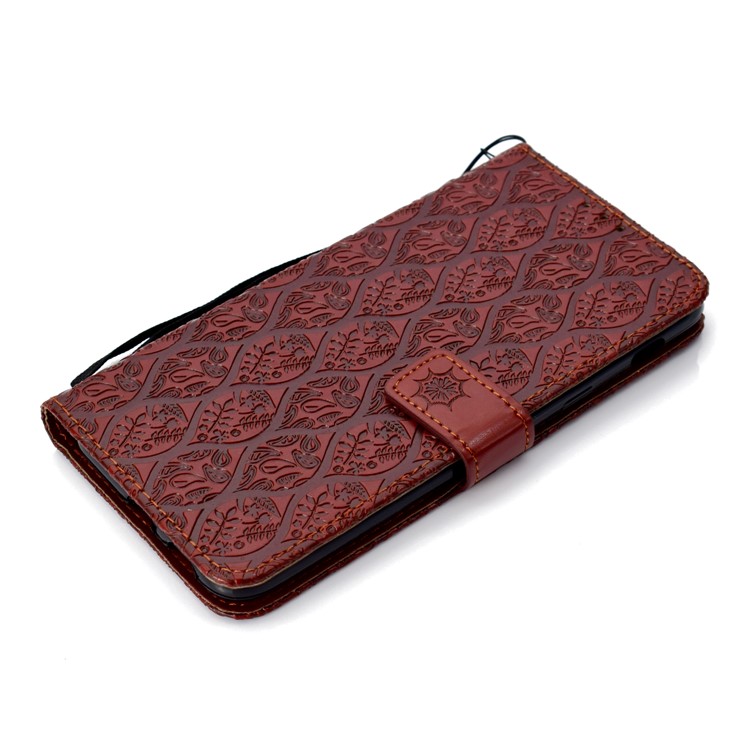 Imprint Leaf Wallet Leather Cell Phone Case for Samsung Galaxy A6+ (2018) / A9 Star Lite - Brown-7