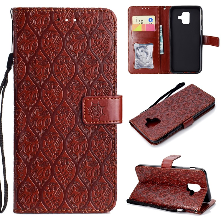 Imprint Leaf Leather Wallet Case with Stand for Samsung Galaxy A6 (2018) - Brown-1