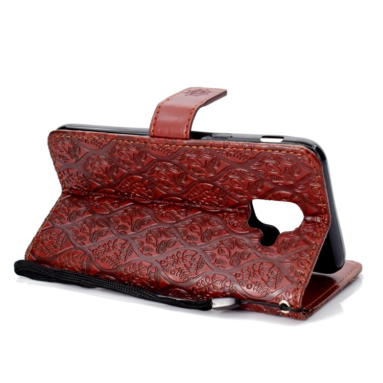 Imprint Leaf Leather Wallet Case with Stand for Samsung Galaxy A6 (2018) - Brown-4