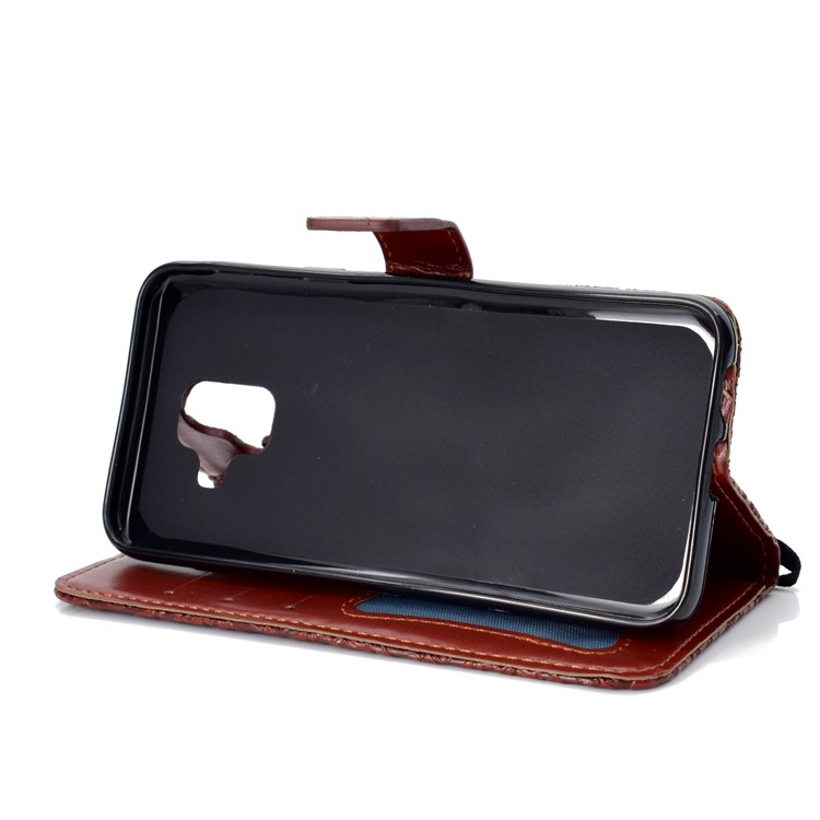 Imprint Leaf Leather Wallet Case with Stand for Samsung Galaxy A6 (2018) - Brown-5