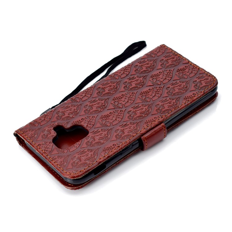 Imprint Leaf Leather Wallet Case with Stand for Samsung Galaxy A6 (2018) - Brown-7