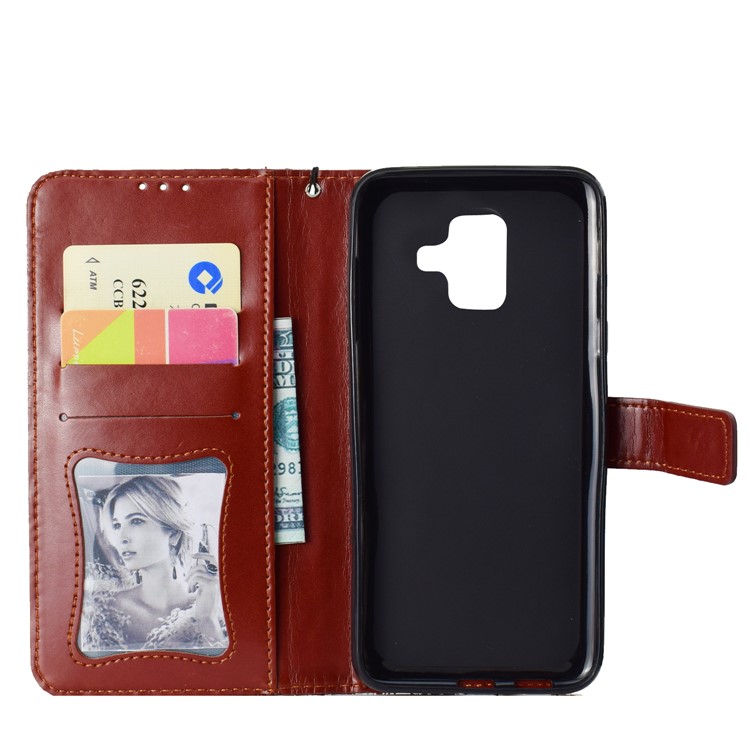 Imprint Leaf Leather Wallet Case with Stand for Samsung Galaxy A6 (2018) - Brown-8
