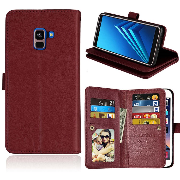 

9 Card Slots Leather Wallet Stand Mobile Phone Shell for Samsung Galaxy A8 Plus (2018) - Brown