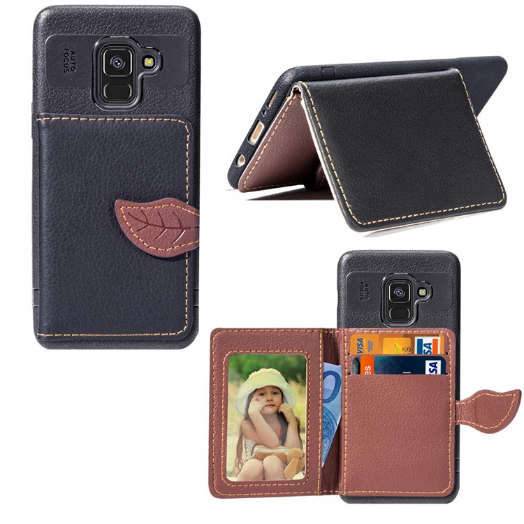 

PU Leather Coated Wallet Kickstand TPU Case for Samsung Galaxy A8 (2018) - Black