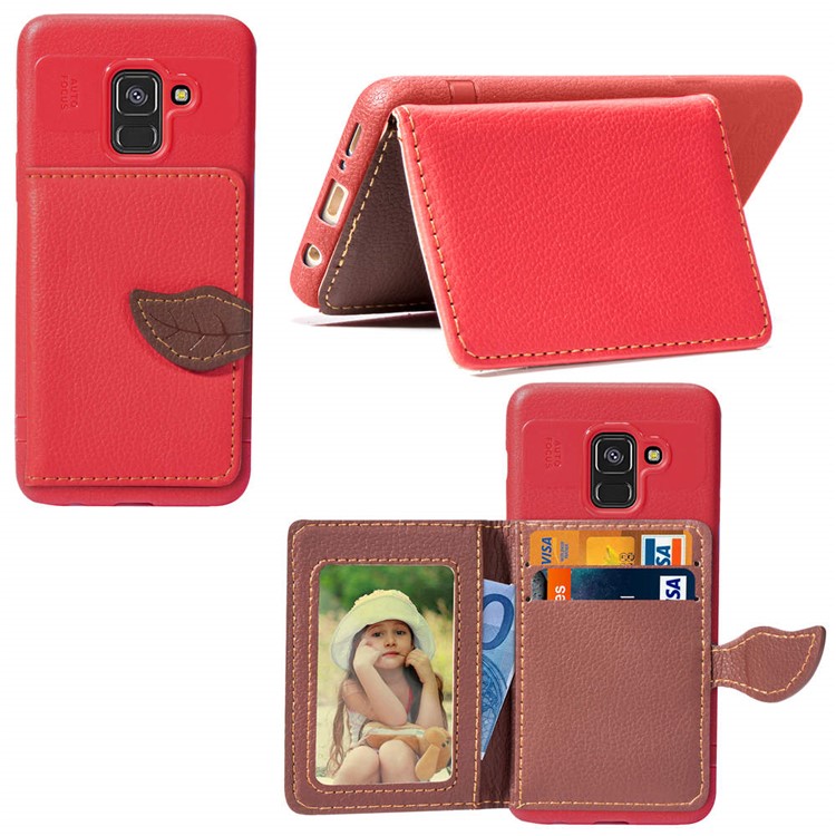 

PU Leather Coated Wallet Kickstand TPU Cover for Samsung Galaxy A8 (2018) - Red