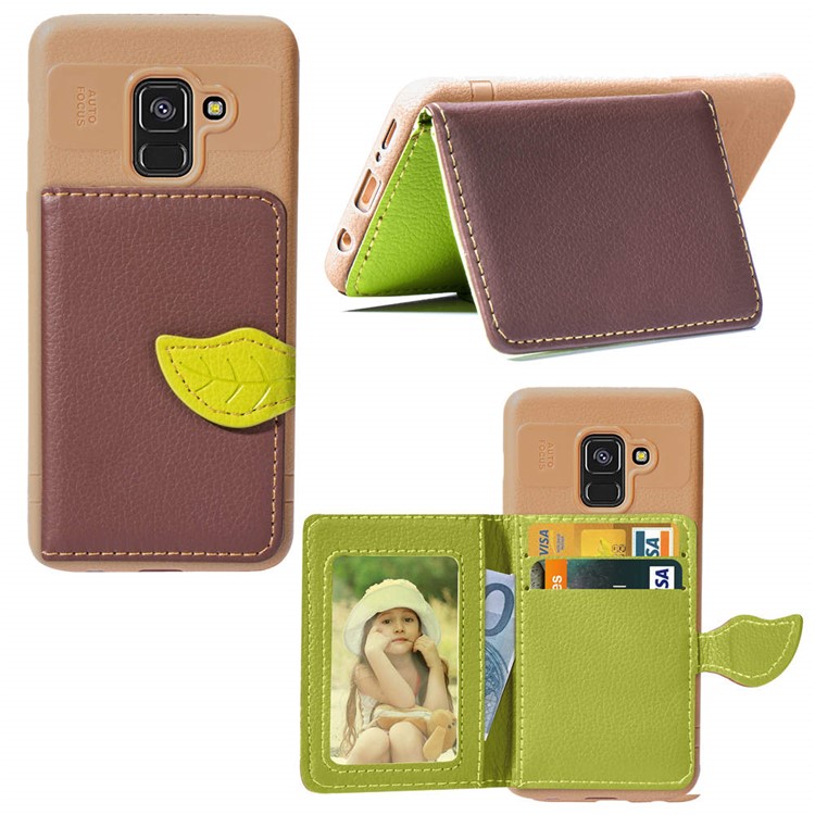 

PU Leather Coated TPU Wallet Kickstand Phone Cover Shell for Samsung Galaxy A8 (2018) - Brown