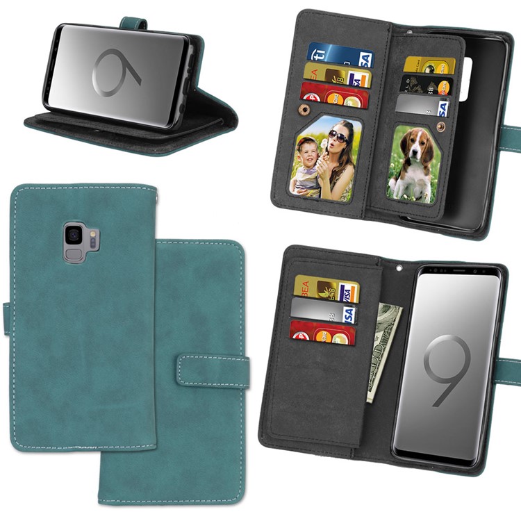 

For Samsung Galaxy S9 SM-G960 Matte Wallet Stand Leather Mobile Accessory Cover with 9 Card Slots - Blue