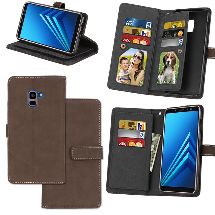 

Matte Surface 9 Card Slots Stand Magnetic PU Leather Protective Shell for Samsung Galaxy A8 Plus (2018) - Brown