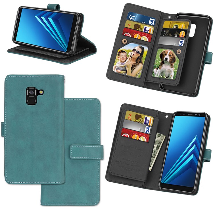 

Matte Surface 9 Card Slots Stand Magnetic PU Leather Cell Phone Case for Samsung Galaxy A8 (2018) - Blue