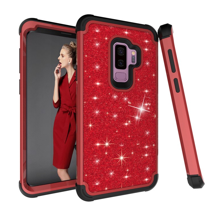 

Glitter Powder Leather Coated Shockproof PC Silicone Hybrid Cover for Samsung Galaxy S9+ G965 - Red, Galaxy S9+