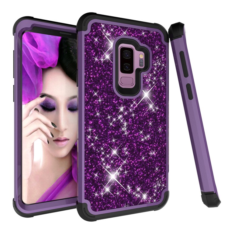 

Glitter Powder Leather Coated Shockproof Hybrid PC Silicone Phone Shell Case for Samsung Galaxy S9+ G965 - Dark Purple, Galaxy S9+