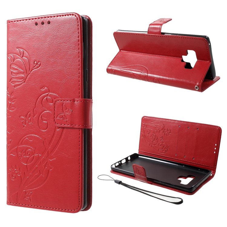 

Imprinted Floral Butterfly Leather Case with Lanyard for Samsung Galaxy Note 9 - Red