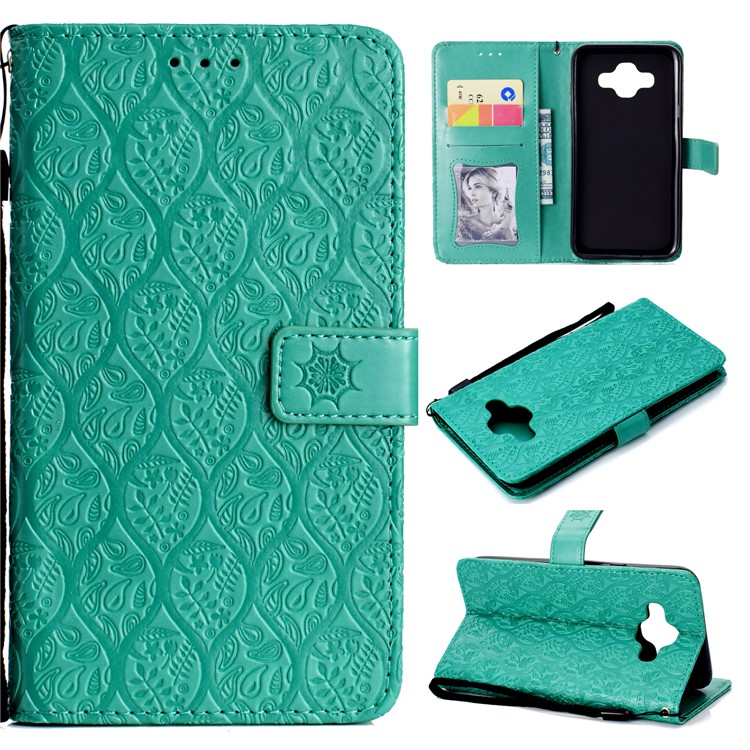 

Imprint Leaf Leather Stand Wallet Phone Case Cover for Samsung Galaxy J7 Duo - Cyan