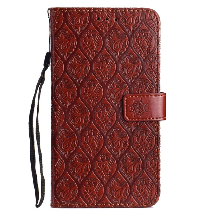 Imprint Leaf Leather Stand Wallet Phone Cover Accessory for Samsung Galaxy J7 Duo - Brown-2