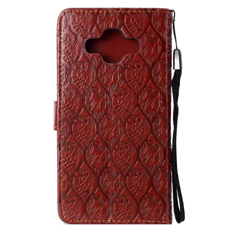 Imprint Leaf Leather Stand Wallet Phone Cover Accessory for Samsung Galaxy J7 Duo - Brown-3