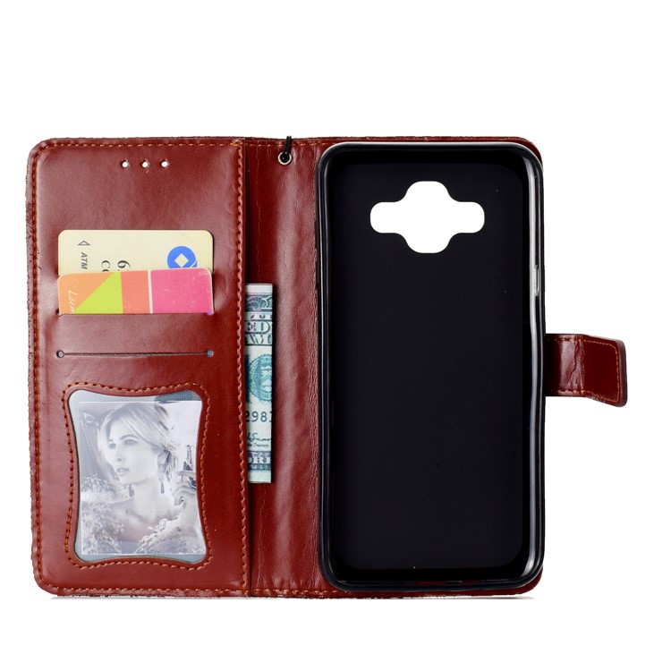 Imprint Leaf Leather Stand Wallet Phone Cover Accessory for Samsung Galaxy J7 Duo - Brown-4