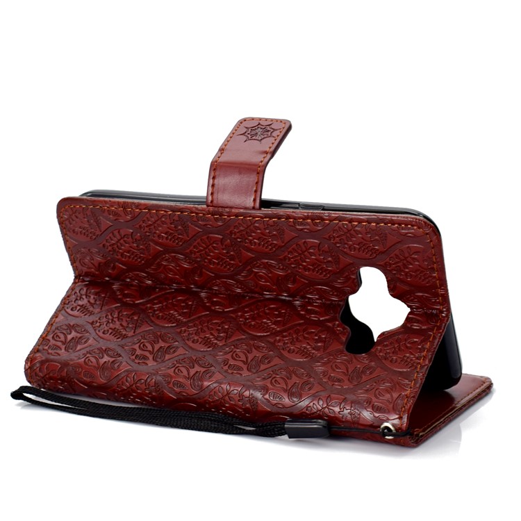 Imprint Leaf Leather Stand Wallet Phone Cover Accessory for Samsung Galaxy J7 Duo - Brown-5
