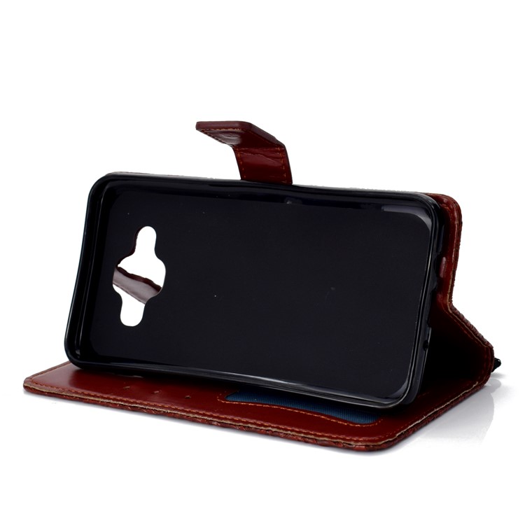 Imprint Leaf Leather Stand Wallet Phone Cover Accessory for Samsung Galaxy J7 Duo - Brown-6