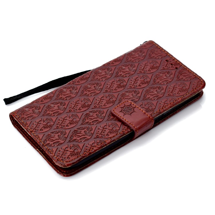 Imprint Leaf Leather Stand Wallet Phone Cover Accessory for Samsung Galaxy J7 Duo - Brown-7