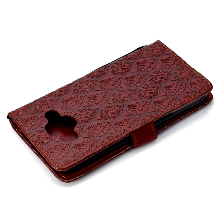 Imprint Leaf Leather Stand Wallet Phone Cover Accessory for Samsung Galaxy J7 Duo - Brown-8