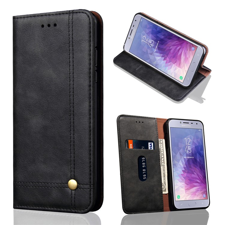Auto-absorbed Crazy Horse Retro Leather Wallet Stand Case for Samsung Galaxy J4 (2018) - Black-1