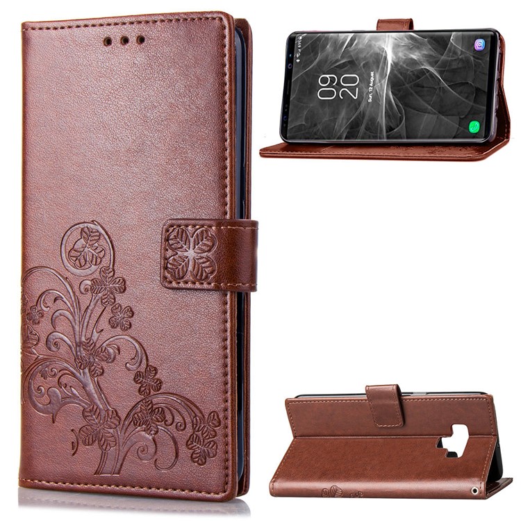Imprint Clover Pattern Leather Wallet Stand Cell Phone Case Accessory for Samsung Galaxy Note9 - Brown-1