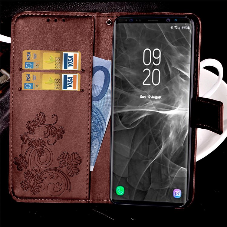 Imprint Clover Pattern Leather Wallet Stand Cell Phone Case Accessory for Samsung Galaxy Note9 - Brown-9