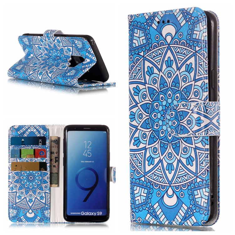 

Pattern Printing Leather Wallet Case Phone Cover for Samsung Galaxy S9 SM-G960 - Blue Flower