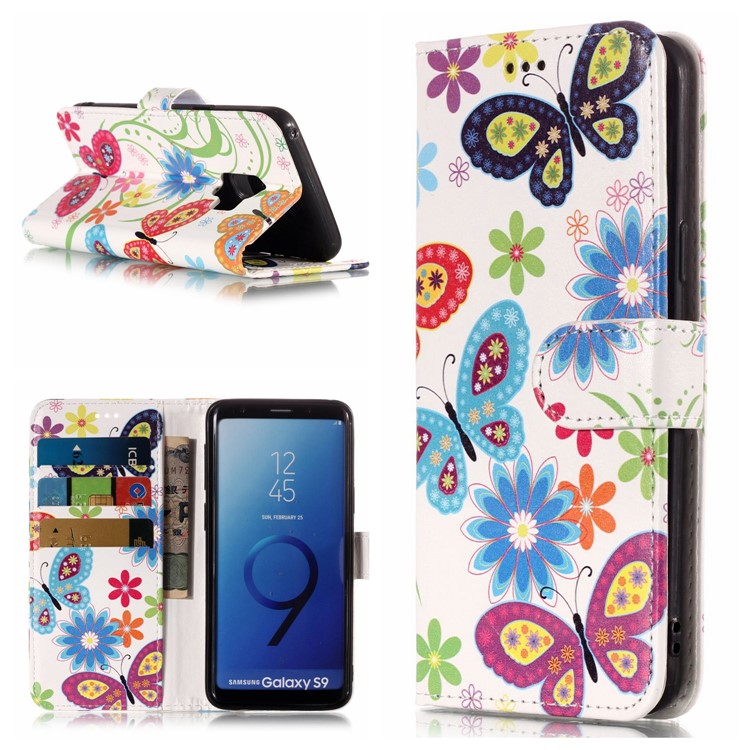 

Pattern Printing Leather Wallet Mobile Shell for Samsung Galaxy S9 SM-G960 - Butterfly and Flowers