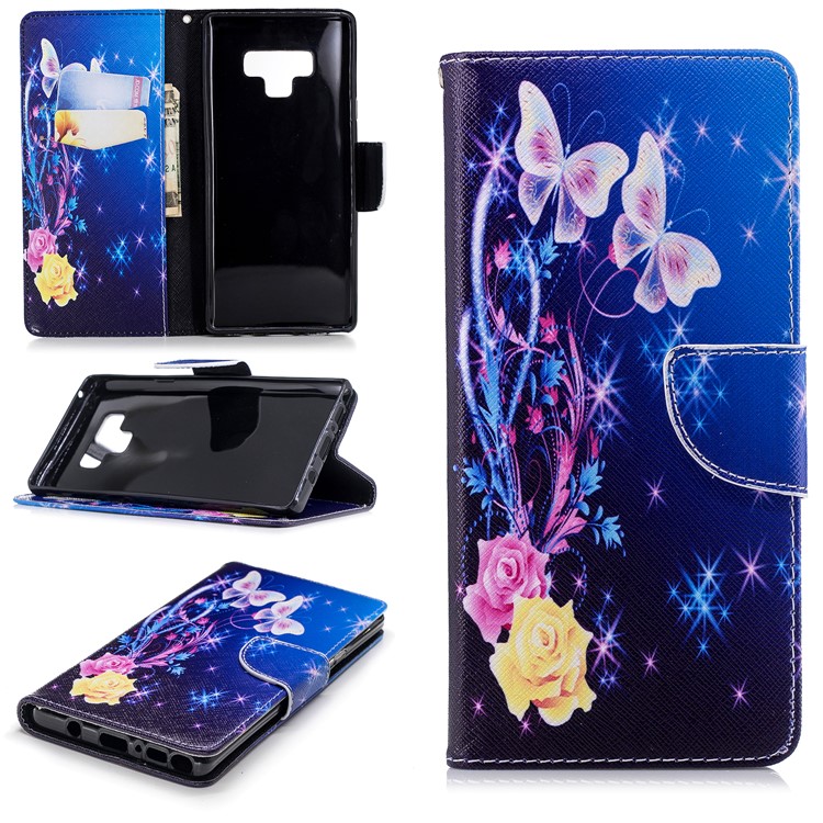 

For Samsung Galaxy Note 9 Patterned Wallet Leather Mobile Cover with Stand - Crystal Butterfly and Flower, Galaxy Note9 N960