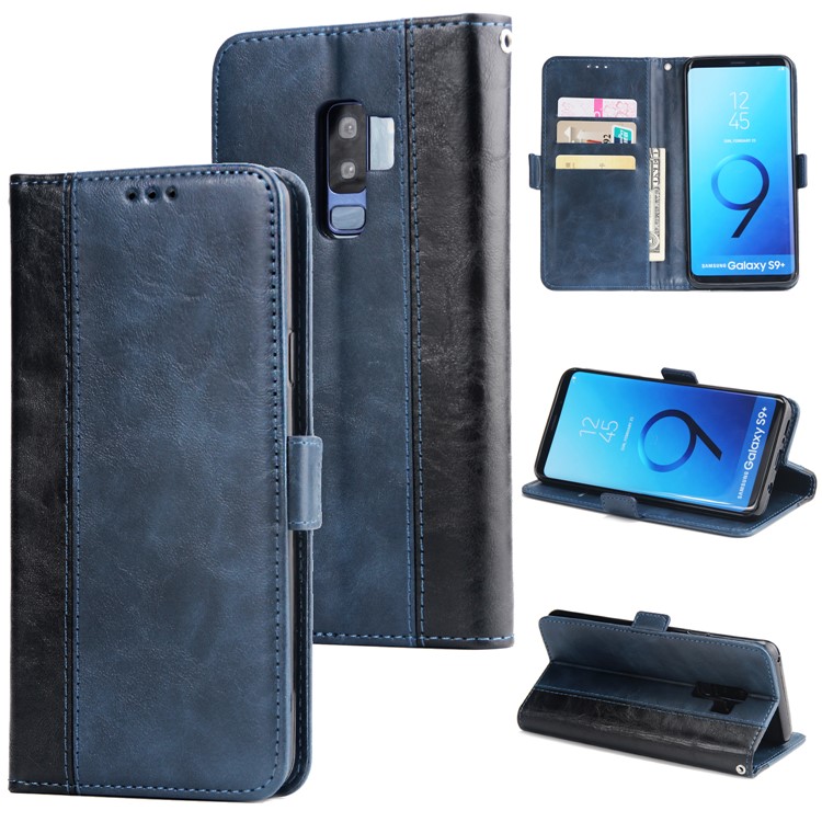 

Retro Contrast Color Leather Stand Wallet Phone Shell for Samsung Galaxy S9 Plus SM-G965 - Blue, Galaxy S9+