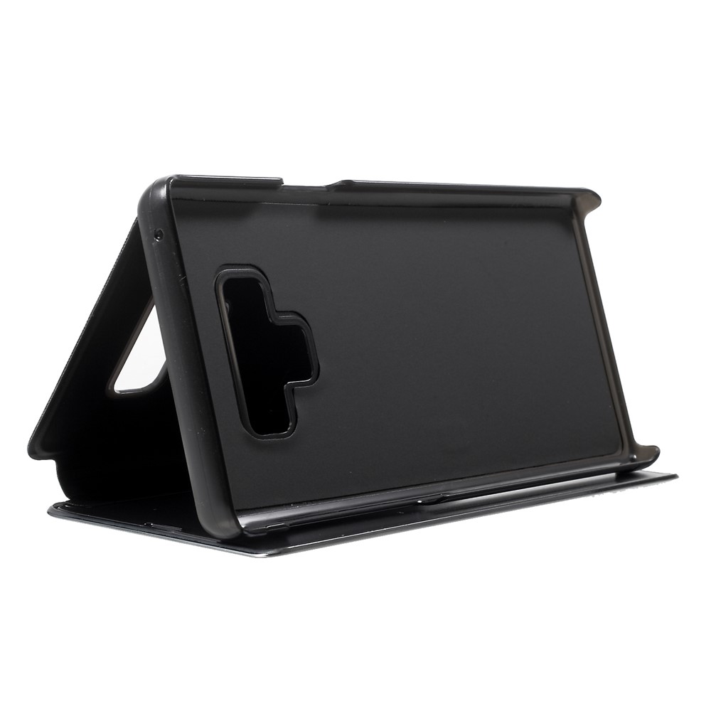 View Fenêtre Plaqué Miroir de Surface Couvercle de Support en Cuir Pour Samsung Galaxy Note9 N960 - le Noir-6