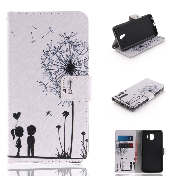

For Samsung Galaxy J4 (2018) Patterned Leather Wallet Stand Cellphone Cover - Dandelion and Lovers, Galaxy J4 (2018)