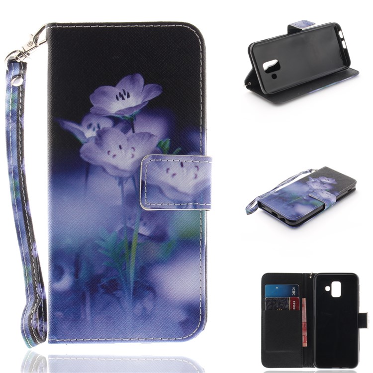 

For Samsung Galaxy A6 (2018) Patterned Leather Wallet Flip Phone Case - Purple Flowers