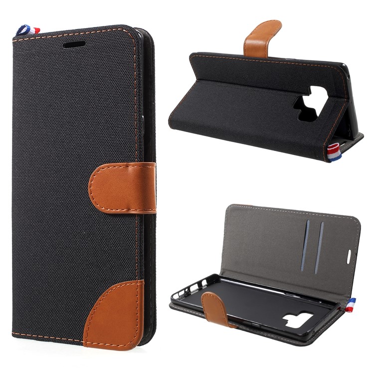 

Jeans Cloth Card Holder Stand Leather Phone Case for Samsung Galaxy Note 9 - Black, Galaxy Note9