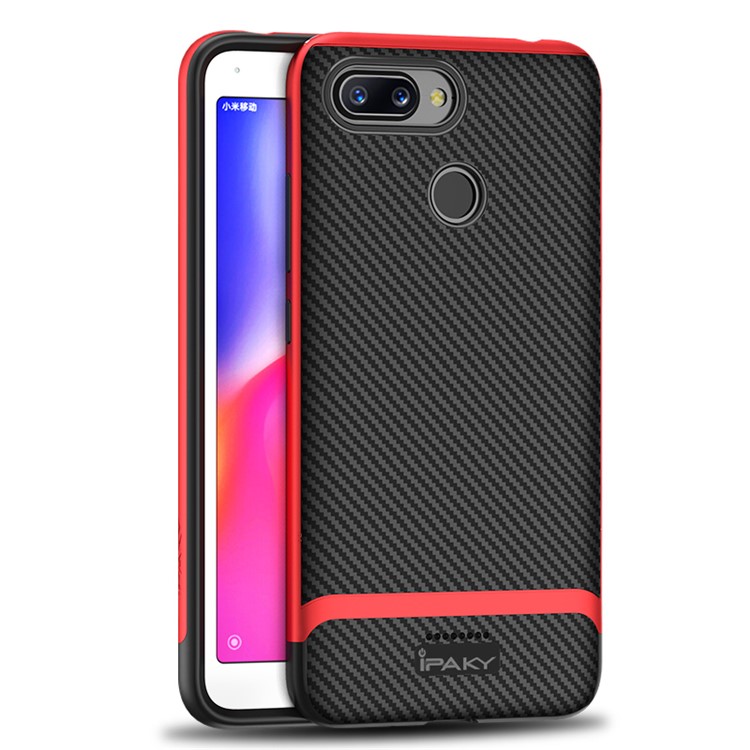 

IPAKY 2-Piece PC Bumper + Carbon Fiber TPU Hybrid Cover for Xiaomi Redmi 6 (Dual Camera: 12MP+5MP) - Black / Red, Redmi 6