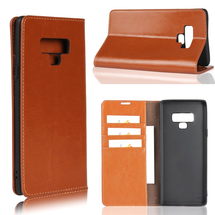 

For Samsung Galaxy Note 9 Crazy Horse Genuine Leather Wallet Shell with Stand - Brown
