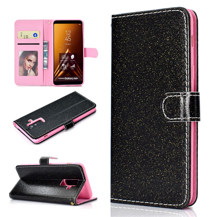 

Glitter Powder Magnetic Stand Wallet PU Leather Case for Samsung Galaxy A6+ (2018) / A9 Star Lite - Black, Galaxy A6+ (2018)