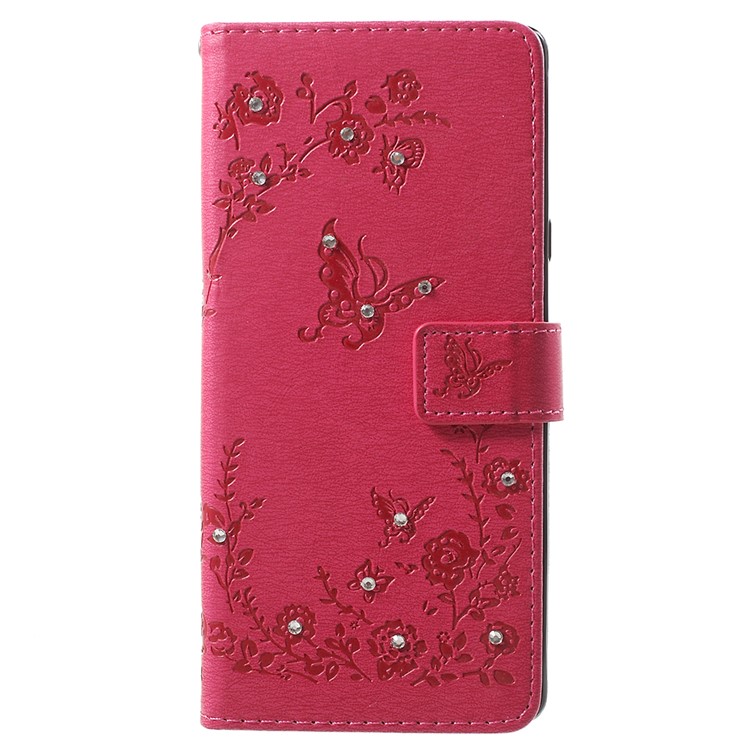 

For Samsung Galaxy Note9 N960 Imprinted Butterfly Flowers Rhinestone Flip Wallet Leather Stand Shell Protection - Rose, Galaxy Note9 N960