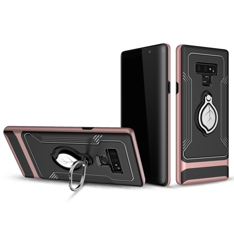 

Leaf Pattern Finger Ring Kickstand PC + TPU Combo Phone Casing for Samsung Galaxy Note 9 - Rose Gold