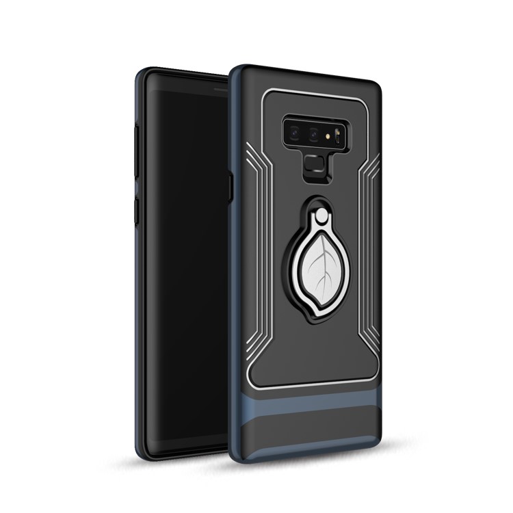 

Leaf Pattern Finger Ring Kickstand PC + TPU Combo Phone Case Shell for Samsung Galaxy Note 9 - Dark Blue