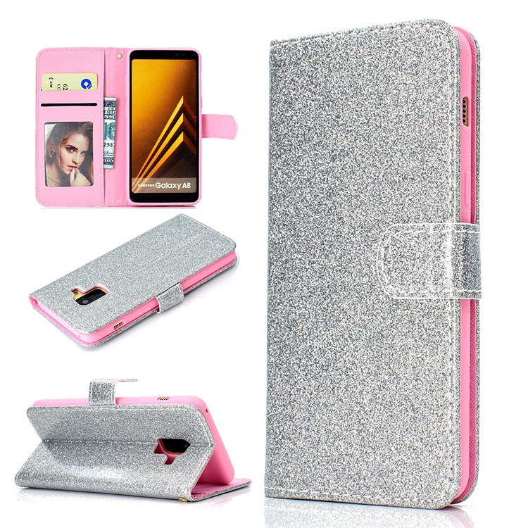 

Flash Powder Stand Wallet PU Leather Phone Cover for Samsung Galaxy A8 (2018) - Silver