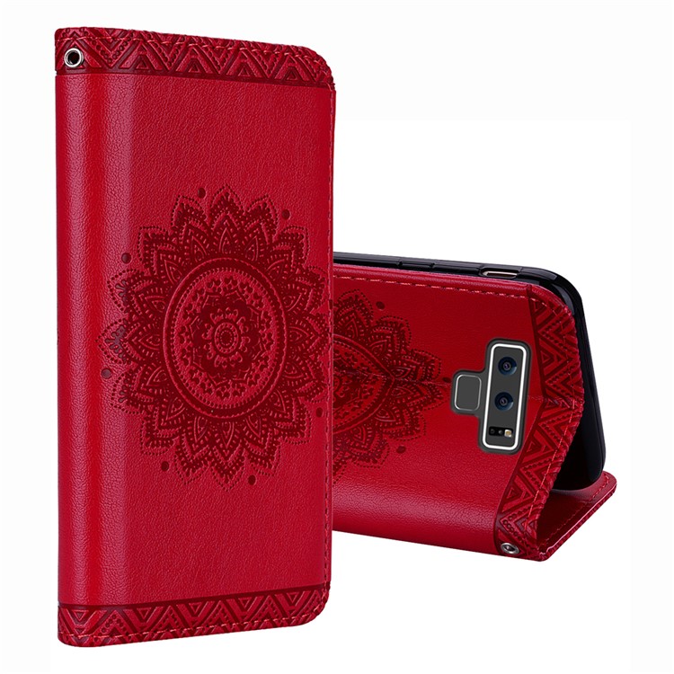 

Imprint Mandala Flower Stand Wallet Leather Shell for Samsung Galaxy Note 9 - Red