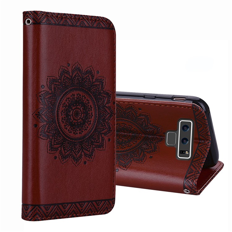 

Imprint Mandala Flower Stand Wallet Leather Mobile Phone Case for Samsung Galaxy Note 9 - Brown