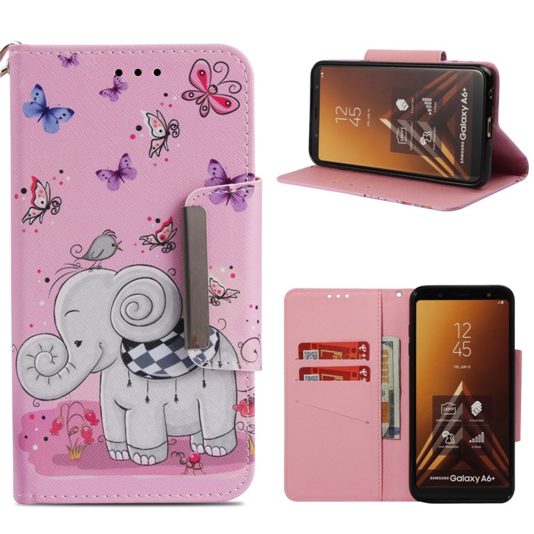 

Patterned Wallet Stand Leather Cover Shell for Samsung Galaxy A6+ (2018) / A9 Star Lite - Butterfly and Elephant