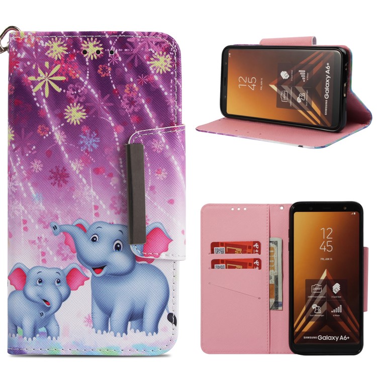 

Patterned Wallet Stand Leather Phone Case for Samsung Galaxy A6+ (2018) / A9 Star Lite - Two Elephants