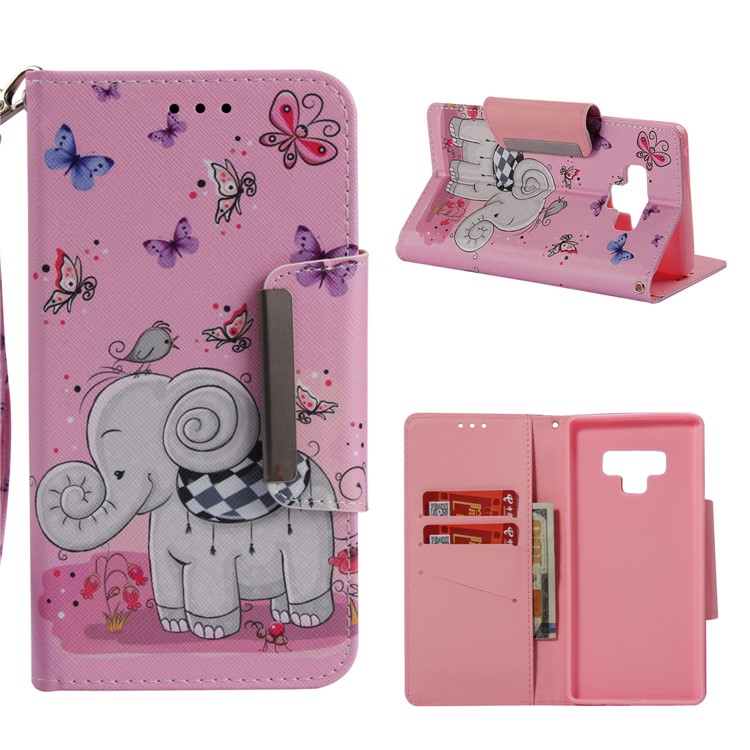 

Pattern Printing Wallet Stand Leather Mobile Cover for Samsung Galaxy Note 9 - Butterfly and Elephant