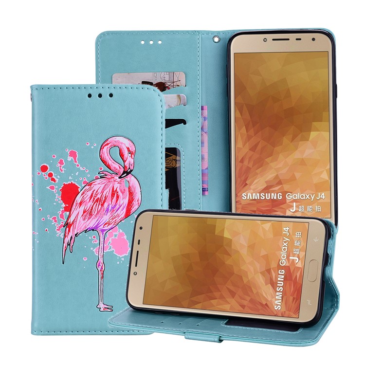 

Flash Powder Flamingo Wallet Stand Leather Mobile Case for Samsung Galaxy J4 (2018) - Cyan