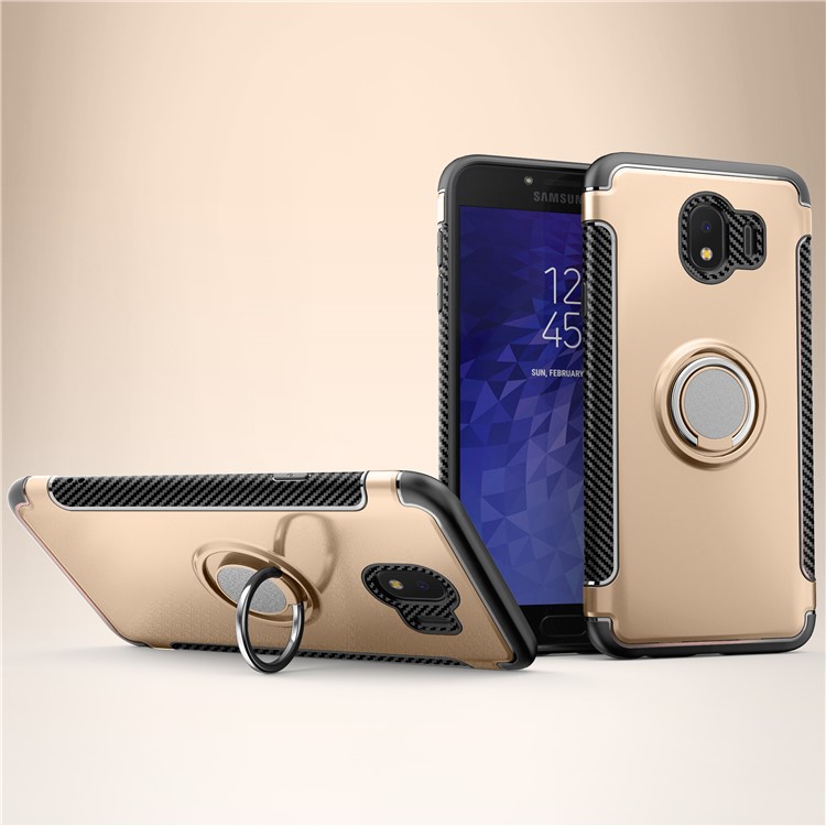 

Carbon Fiber Texture TPU PC Hybrid Accessory Cover with Magnetic Ring Holder for Samsung Galaxy J4 (2018) - Gold, Galaxy J4 (2018)