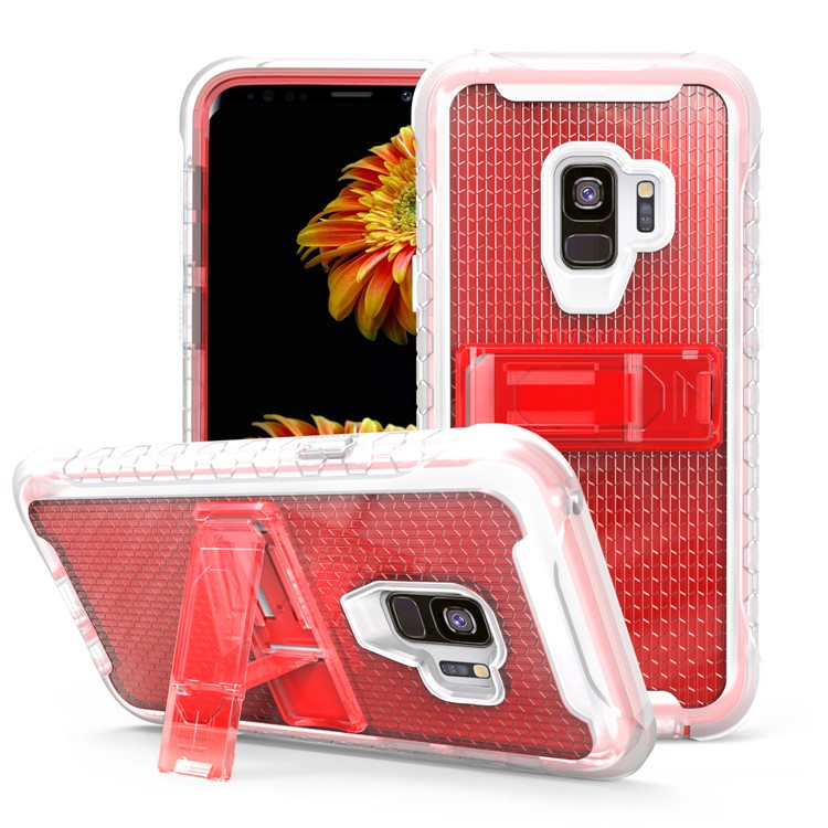 

Football Grain PC + TPU Shockproof Phone Kickstand Casing for Samsung Galaxy S9 G960 - Red / Transparent